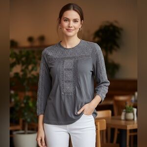 Lucky Brand Charcoal Embroidered Blouse